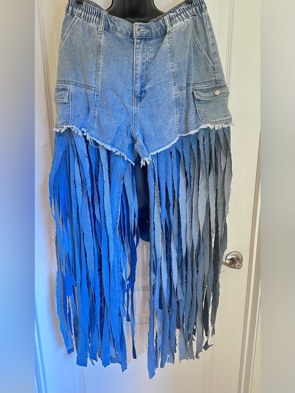 Upcycled triple Fringed Denim Shorts with Long Tassels  size L - Picture 3 of 6
